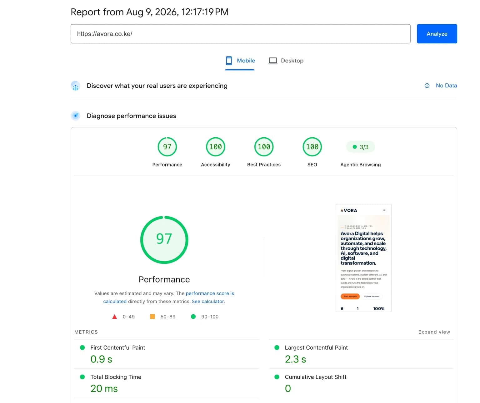 Google PageSpeed Insights mobile report for avora.co.ke — Performance 97, Accessibility 100, Best Practices 100, SEO 100.